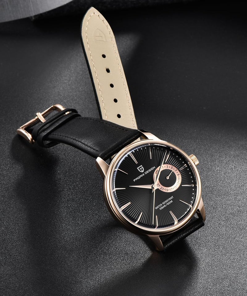 PAGANI DESIGN ساعة كواتز للرجال بتصميم باغاني، تصميم بسيط مع حزام جلد، مقاومة للماء حتى 100م، عرض التاريخ، حركة يابانية (ذهبي أسود) - Image 3